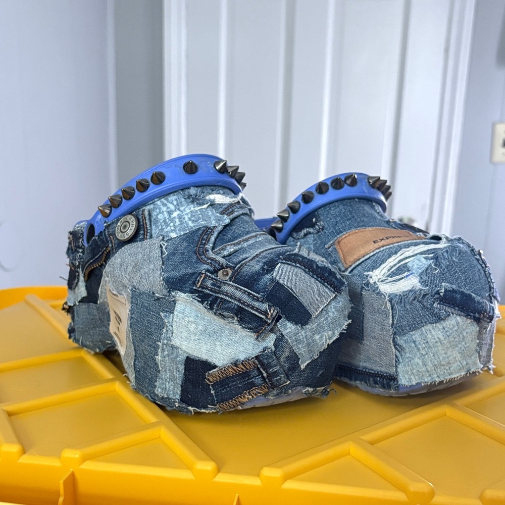 Cape Robbin Denim Patchwork Platform Shoes with Blue Studded Trim
